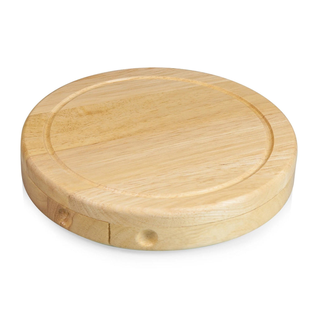 Picnic Time Toscana Brie Cheese Cutting Board and Cheese Tools Set, round parawood board.