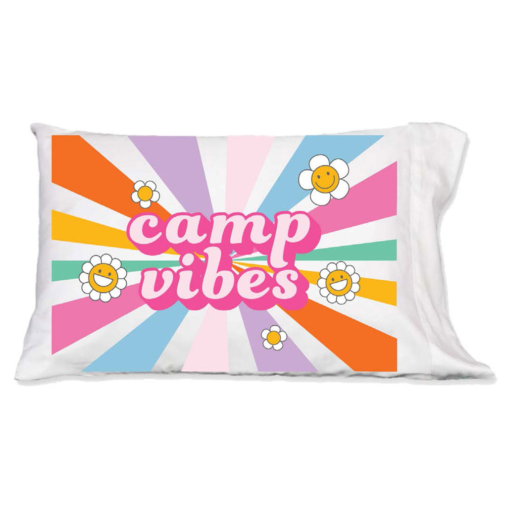 Rosanne Beck Autograph Pillowcase with rainbow colored rays and smiling daisies with "camp vibes" in a retro pink font in the center.