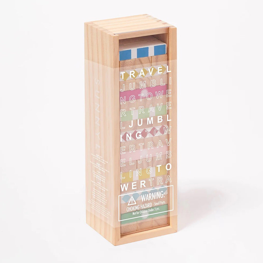 Sunnylife Travel Jumbling Tower in Majorelle, natural wood blocks stacked and hand-painted with prints in wood storage case with acrylic front.