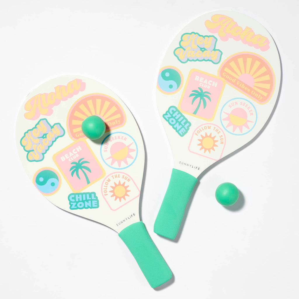 Sunnylife Summer Sherbet Beach Bats with colorful california girl graphics, green soft grips and green balls.