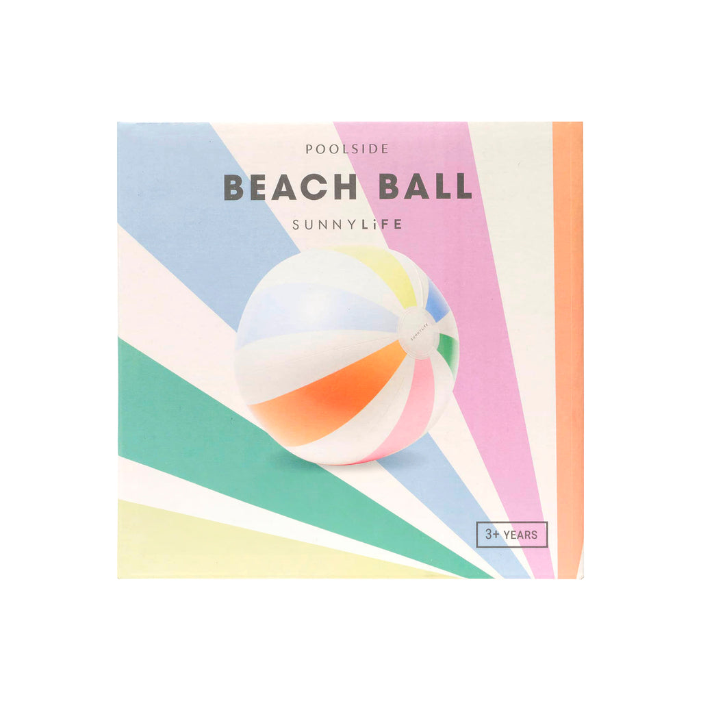 Sunnylife Poolside Pastel Gelato Inflatable Beach Ball with pastel rainbow stripes, in box packaging, front view.