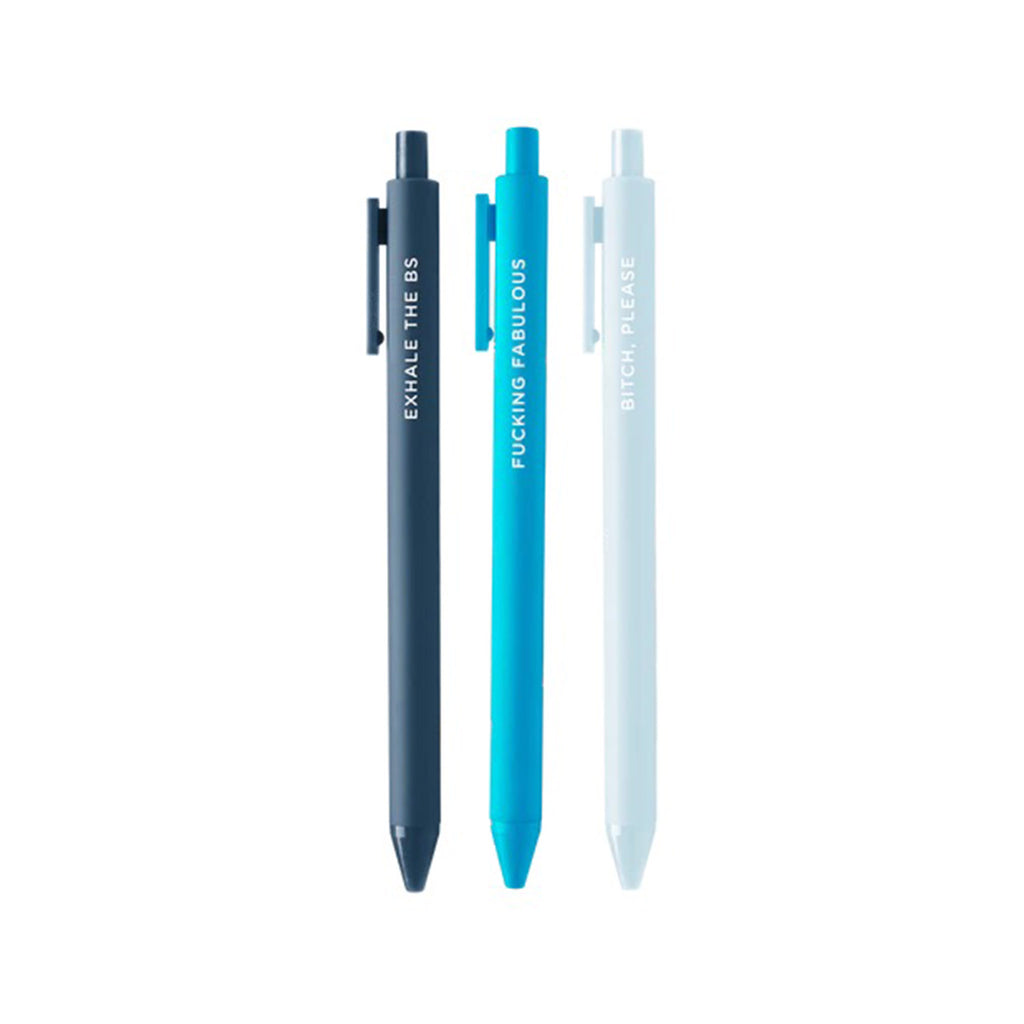 Talking Out of Turn Just Breathe Jotter Pen Set, left to right, dark blue has "exhale the bs," turquoise blue has "fucking fabulous" and light blue has "bitch, please" in white lettering on the barrel.