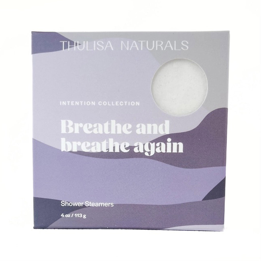 Thulisa Naturals Intention Collection Lemongrass and Lime scented all natural shower steamers in purple box packaging, front view.