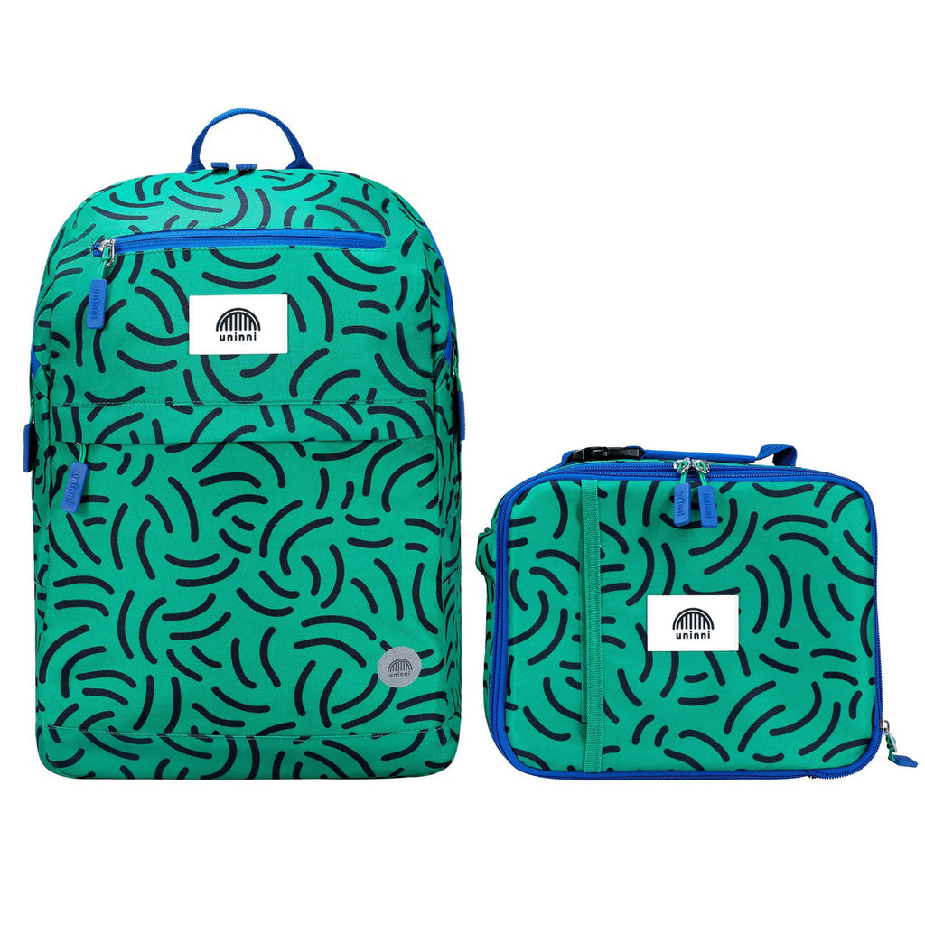 Uninni Bailey Backpack and Ellis Insulated Lunch Bag Set in green and blue Brush Strokes print, front view.