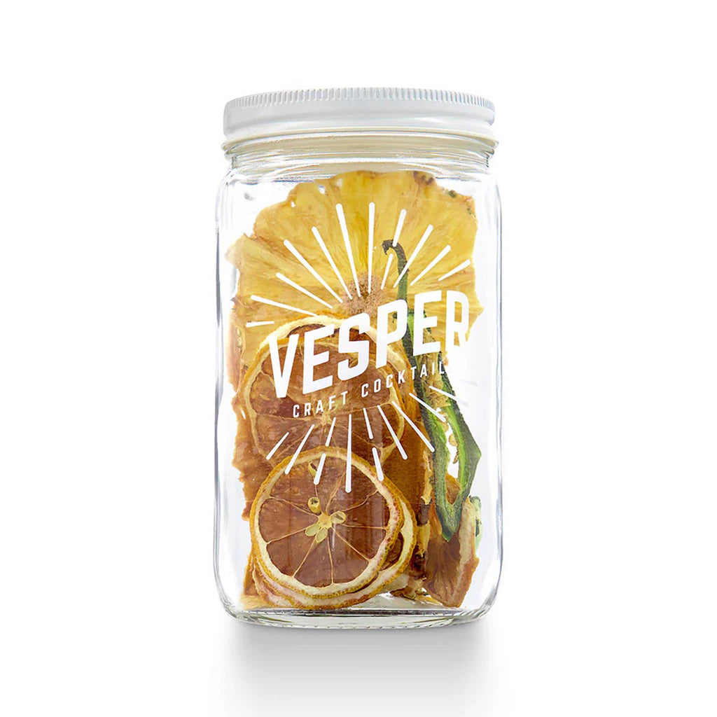 Vesper Jalapeno Margarita craft cocktail infusion kit in glass jar with white lid, front view.