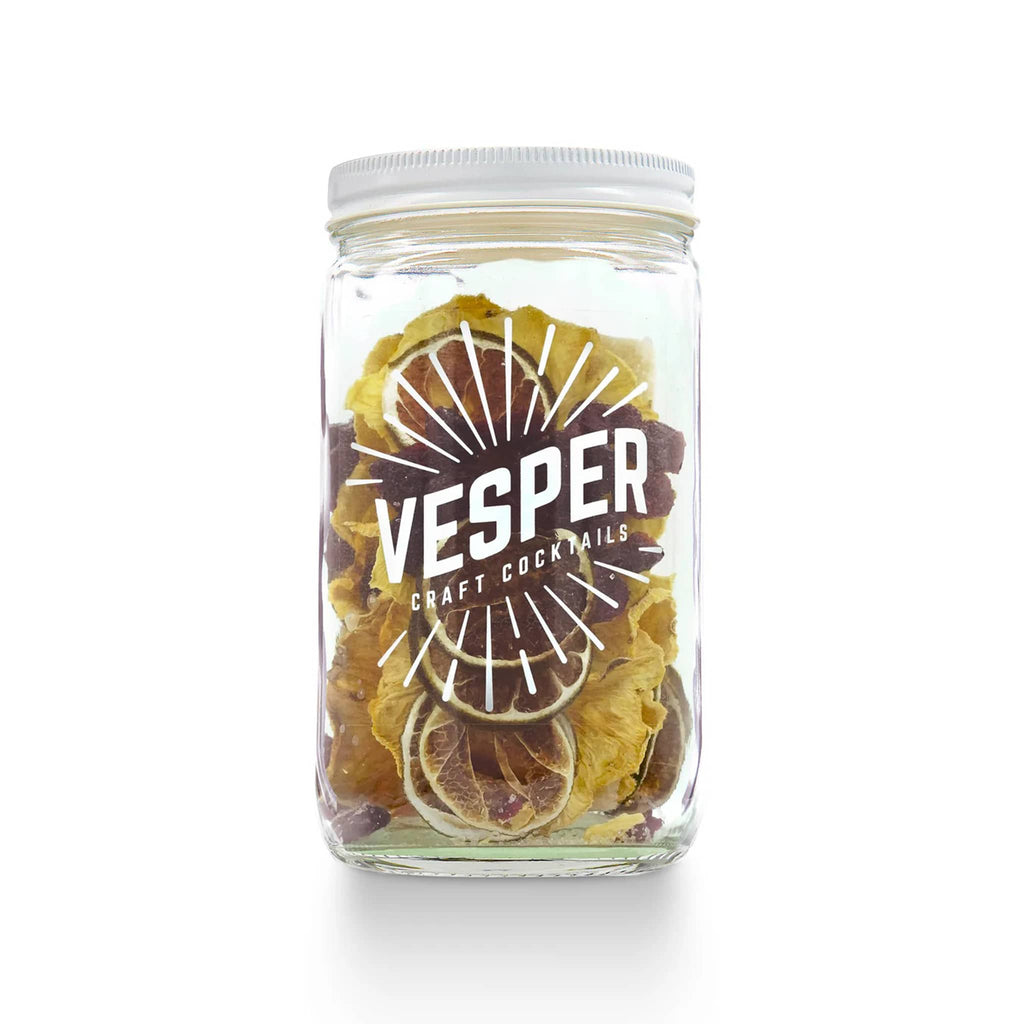 Vesper Malibu Bay Breeze craft cocktail infusion kit in glass jar with white lid, front view.