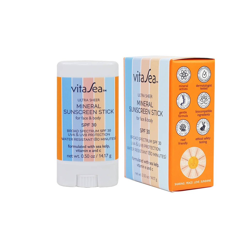 VitaSea Ultra Sheer Mineral Sunscreen Stick for face and body SPF 30, in packaging with box.