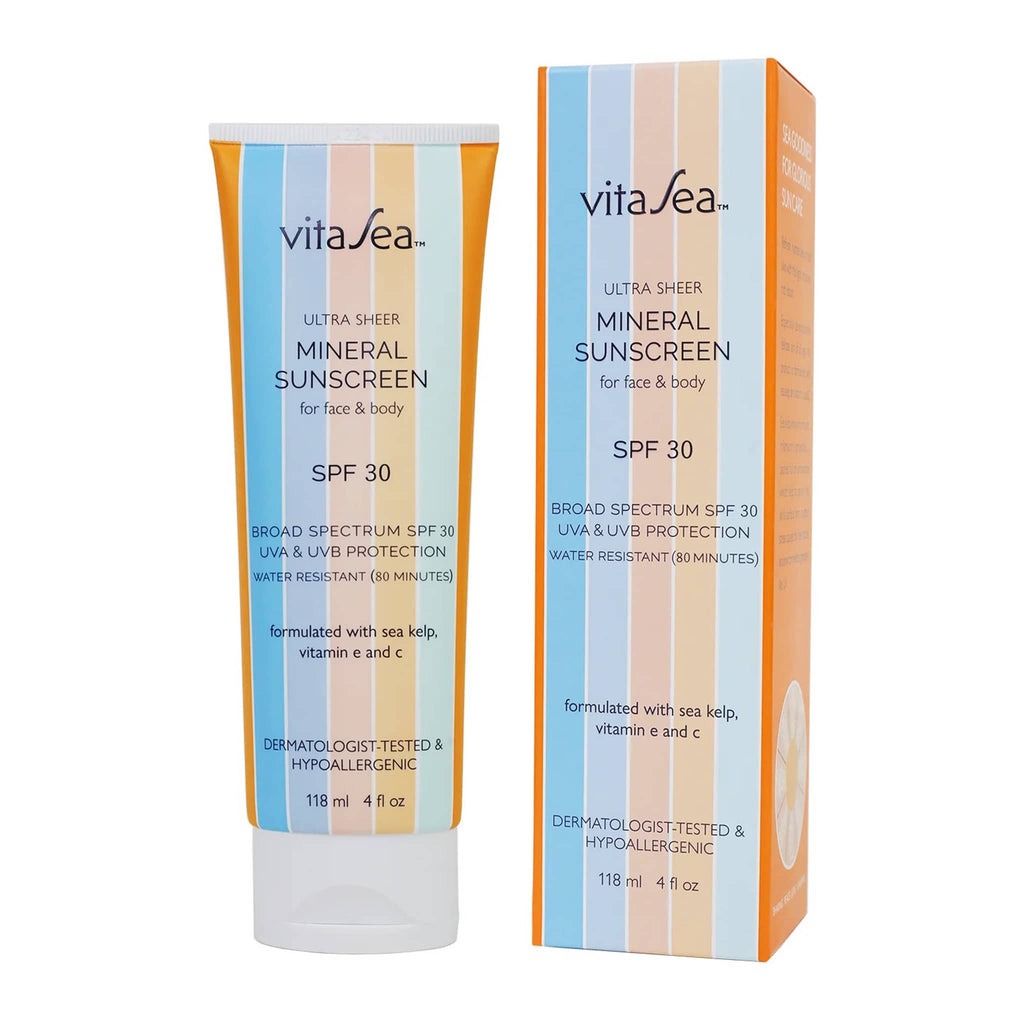 VitaSea Ultra Sheer Mineral Sunscreen for face and body SPF 30, in tube packaging with box.