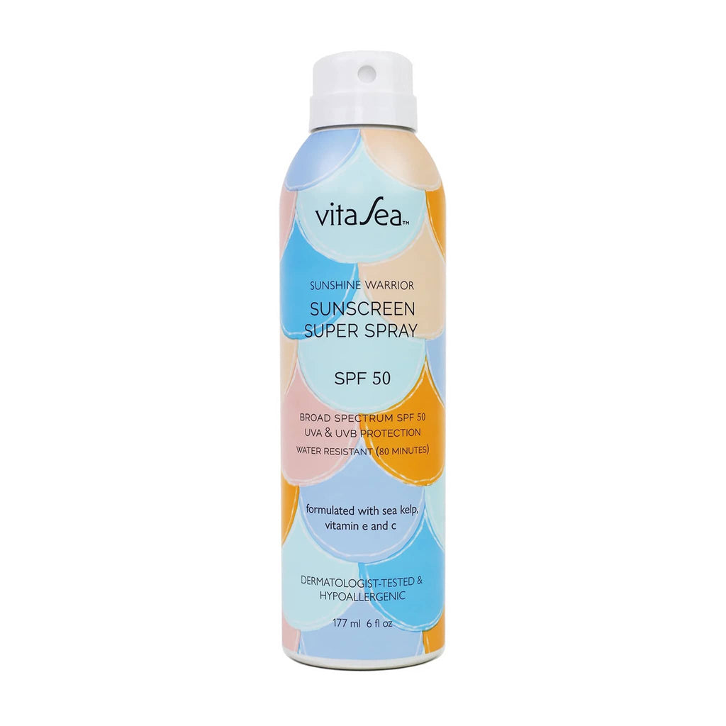 VitaSea Sunshine Warrior Sunscreen Super Spray SPF 50 in spray bottle, front view.