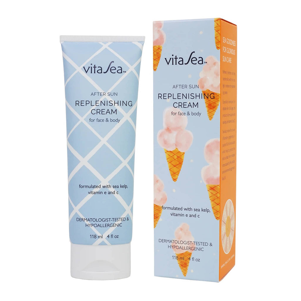 VitaSea After Sun Replenishing Cream for face and body in tube packaging with box.