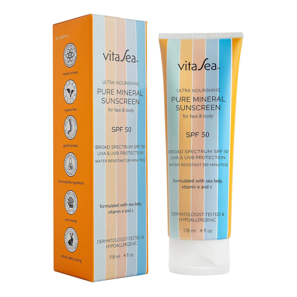 VitaSea Ultra Nourishing Pure Mineral Sunscreen for face and body SPF 50, in tube packaging with box.