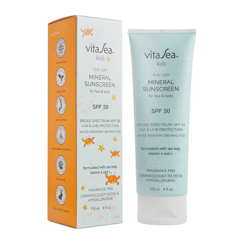 VitaSea Kids Play Day Mineral Sunscreen Lotion SPF50 in tube packaging with box.