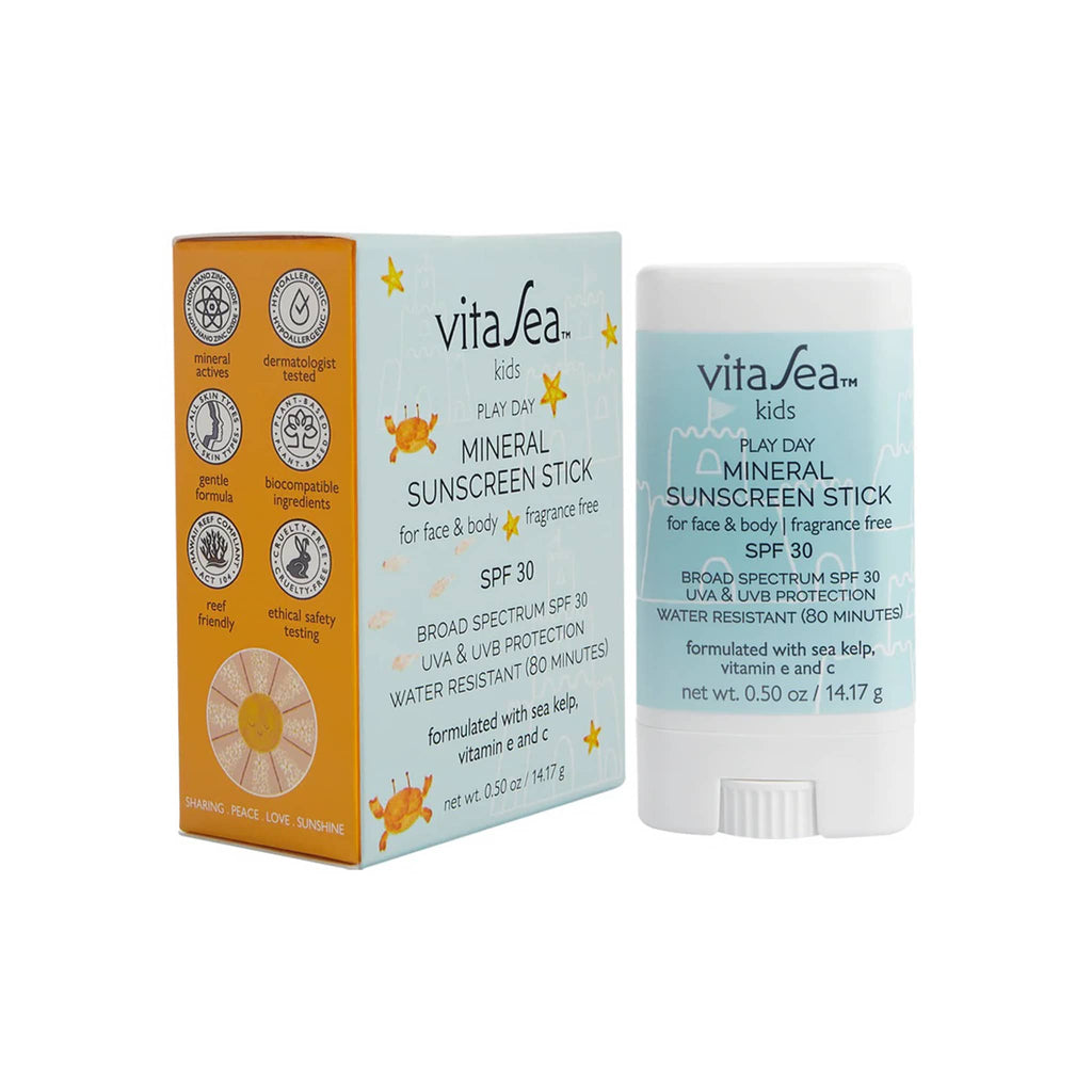 VitaSea Kids Play Day Mineral Sunscreen Stick SPF 30 with box packaging.