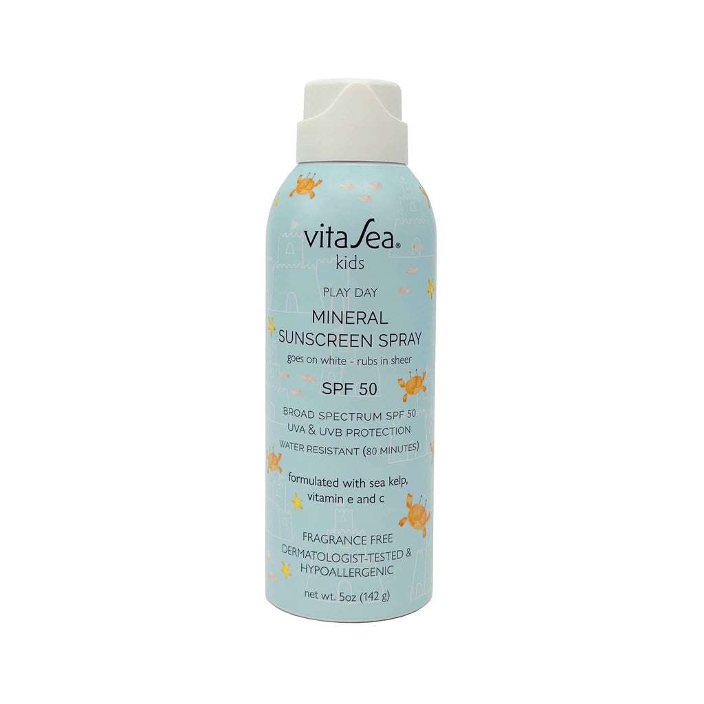 VitaSea Kids Play Day Mineral Sunscreen Spray SPF 50, in spray bottle, front view.
