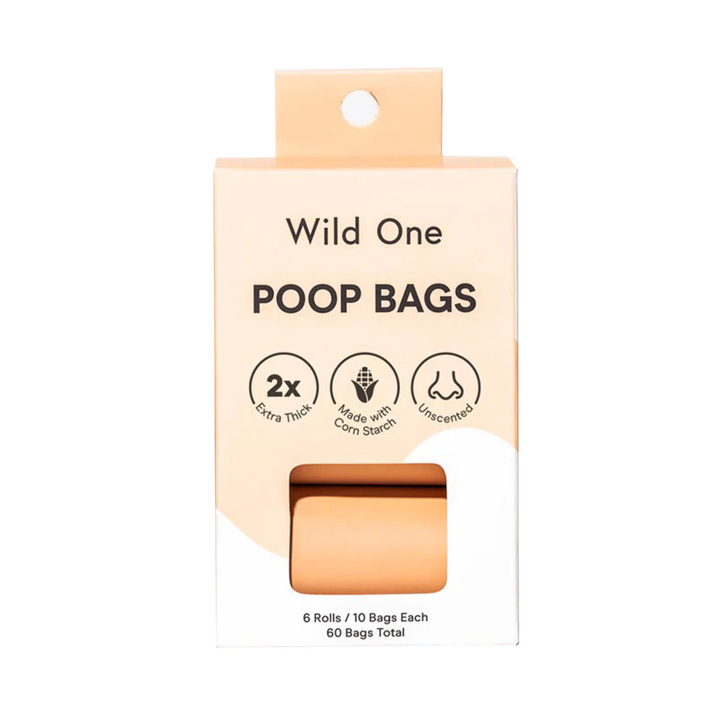 Wild One eco-friendly corn starch based dog poop bags, 60 bags in box packaging.