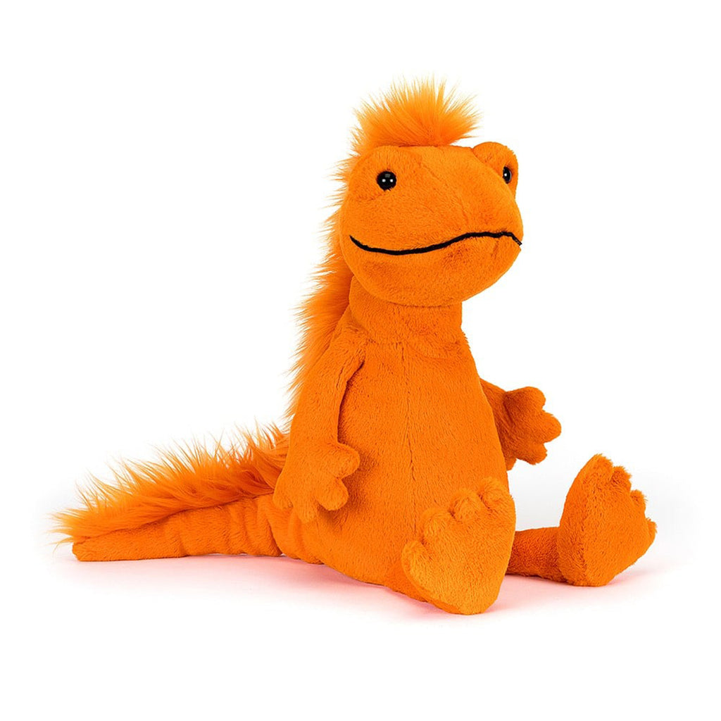 Jellycat Cruz Crested Newt plush toy with orange fur, black bead eyes and a black stitched smile, front view.