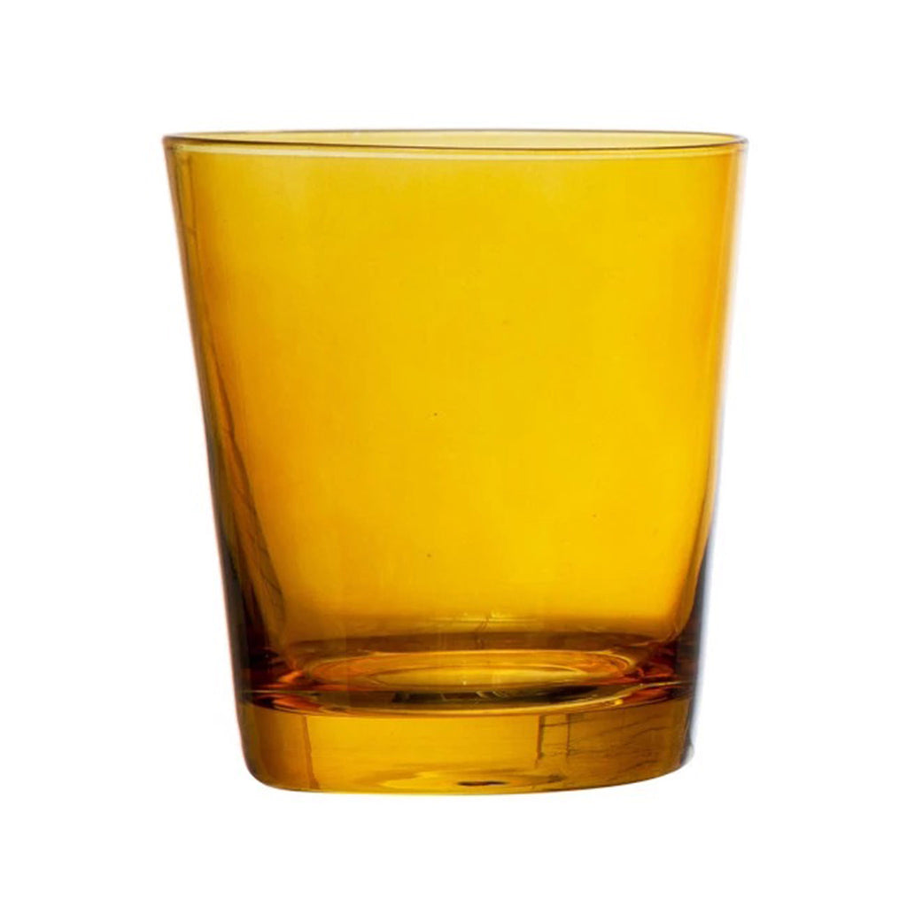 Creative Co-op 12 ounce low ball holiday drinking glass in yellow, side view.