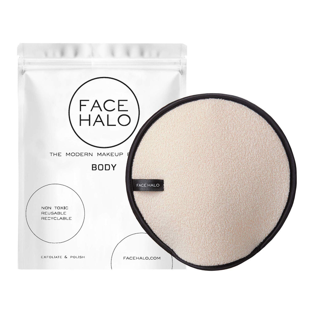 Face Halo Dual-Sided Body Exfoliating Washcloth Mitt, white side is showing with pouch packaging in background.