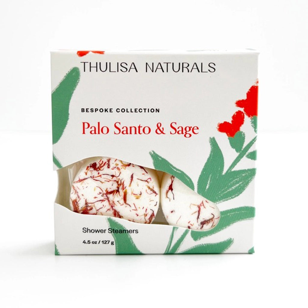 Thulisa Naturals Palo Santo & Sage all natural shower steamers in illustrated box packaging, front view. 