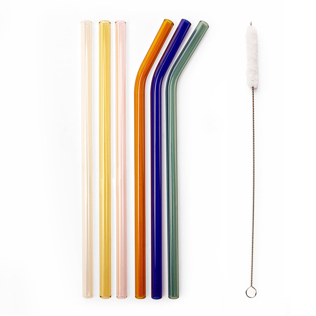 Kikkerland Colorful Reusable Glass Straws, includes 3 straight and 3 curved straws and a cotton cleaning brush.