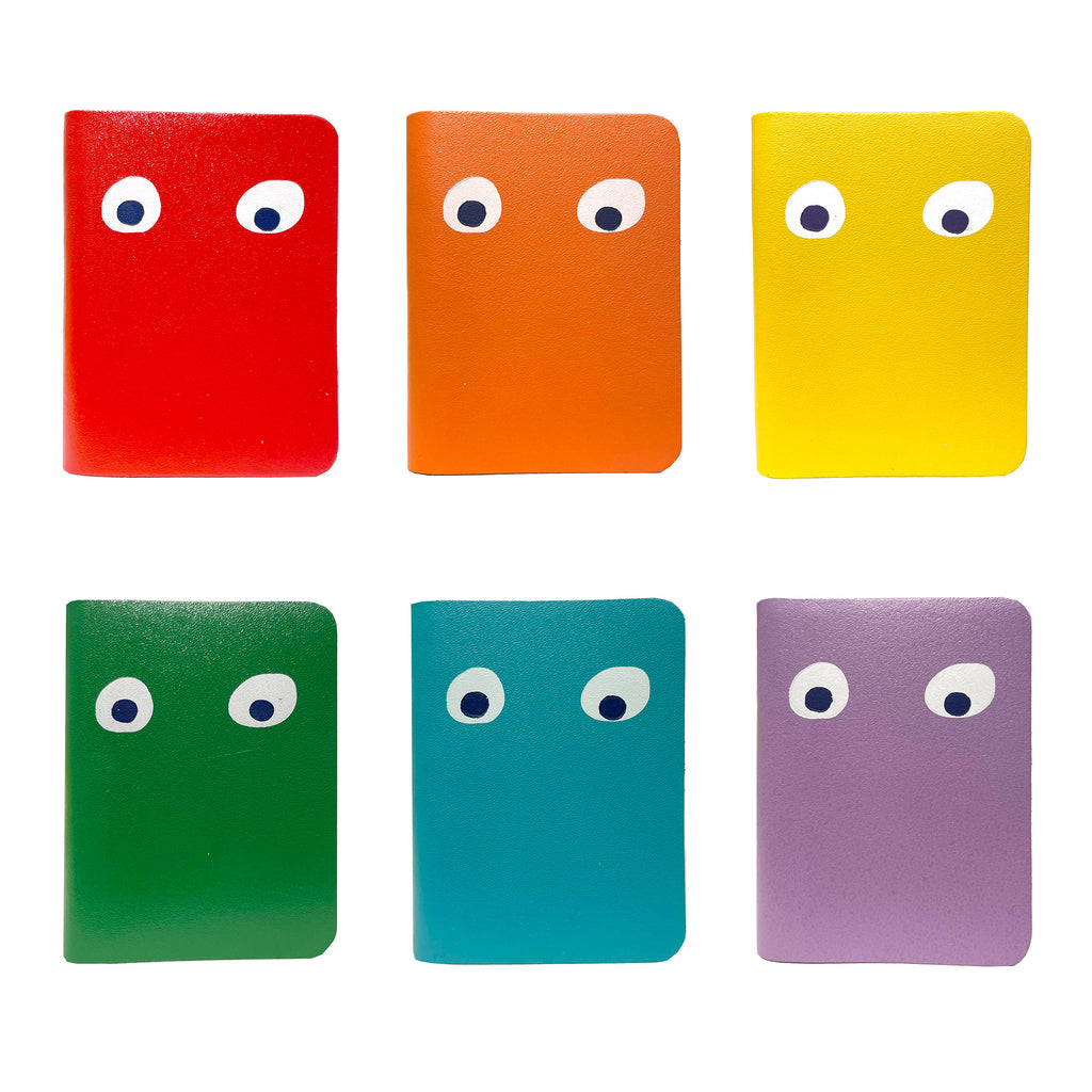 Ark Colour Design Googly Eye Mini Notebooks with leather covers in red, orange, yellow, green, turquoise and lilac.