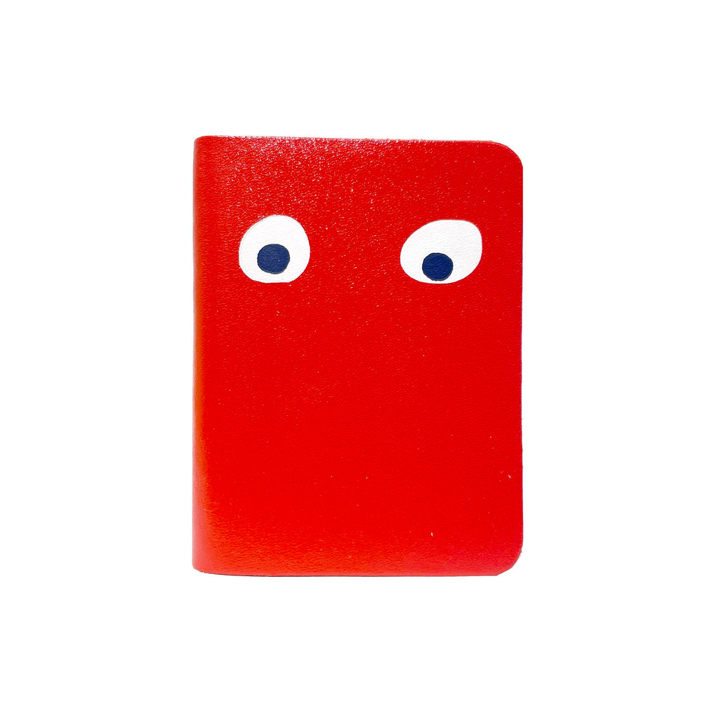Ark Colour Design Googly Eye Mini Notebook with red leather cover, front view.