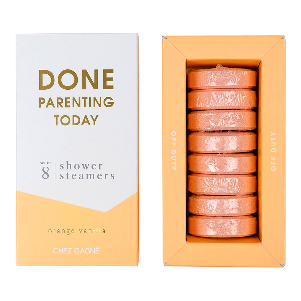 chez gagne done parenting today orange and vanilla scented shower steamers in slipcase packaging with white and orange front and "done parenting today" in gold foil print
