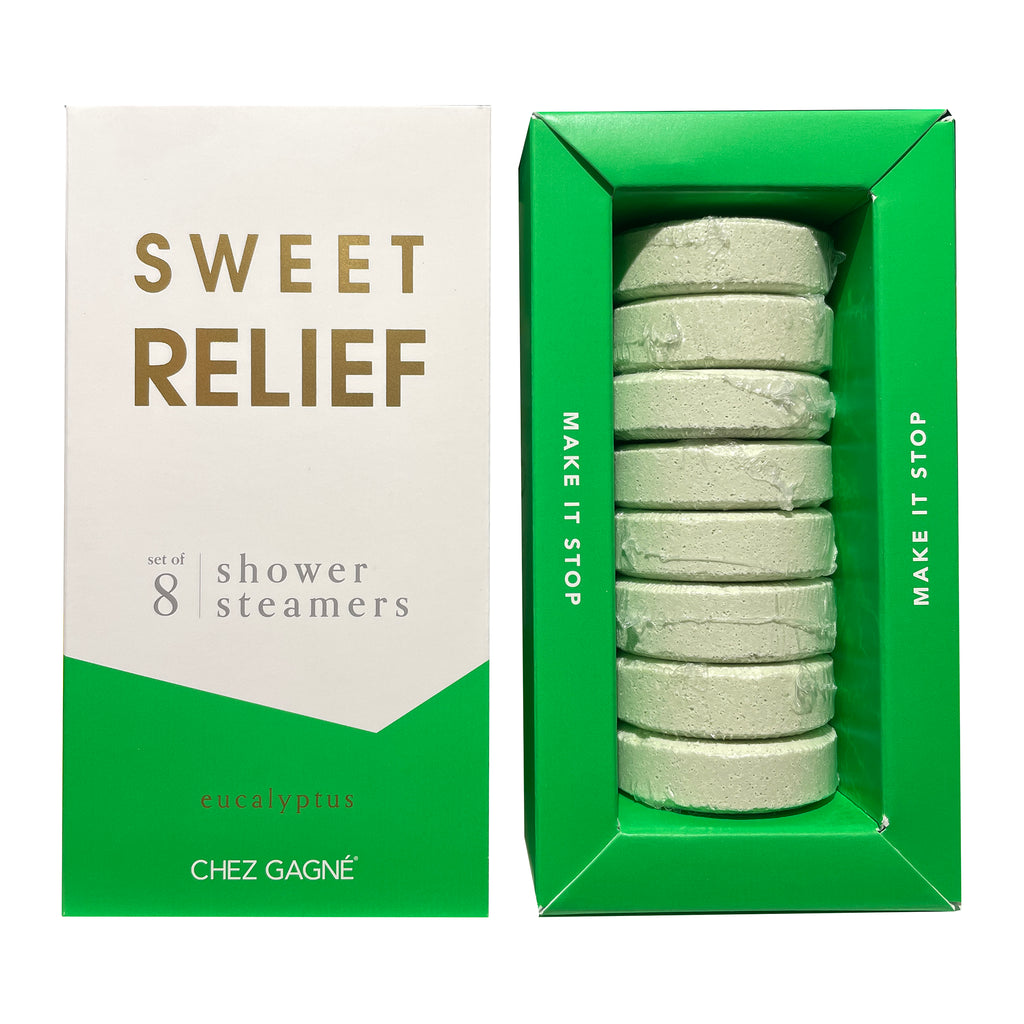 Chez Gagne Sweet Relief eucalyptus scented green shower steamers in packaging.
