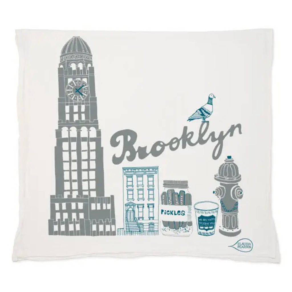 off-white flour sack cotton towel with the williamsburgh savings bank clock tower, a brownstone, a jar of pickles, a pigeon, a fire hydrant and a greek deli cup in a gray and blue/green color palette with "brooklyn" in a gray script text