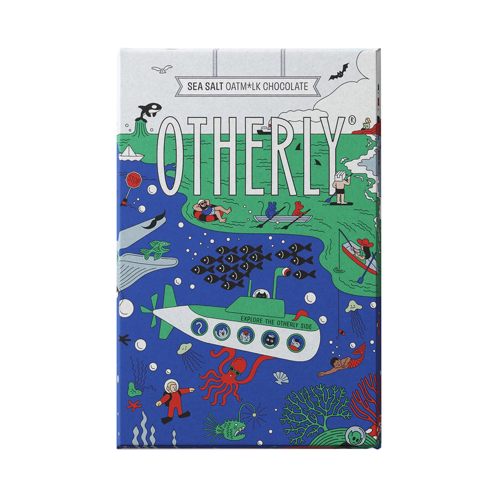 Otherly Sea Salt Oat Milk Chocolate Bar in wrapper with an illustration of a submarine exploring the ocean depths in red, green and blue.