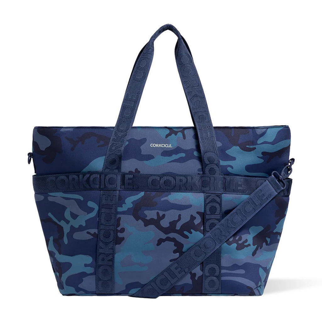 Corkcicle Estelle Tote large insulated cooler bag with shoulder straps and navy camouflage print, front view.