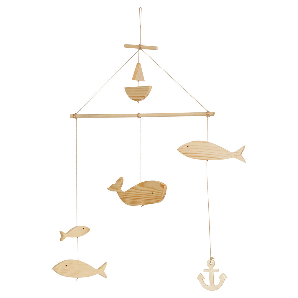 creative co-op wood mobile hanging decoration with a sail boat at top and 3 fish of varying sizes along with a whale and an anchor at the bottom