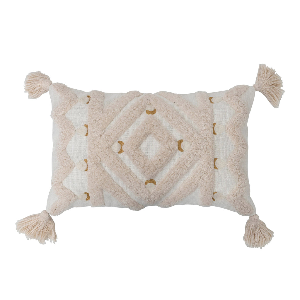 Front view of cream colored pillow with tufted cotton accents, gold embroidered crescent moons and cream yarn tassels on all corners.