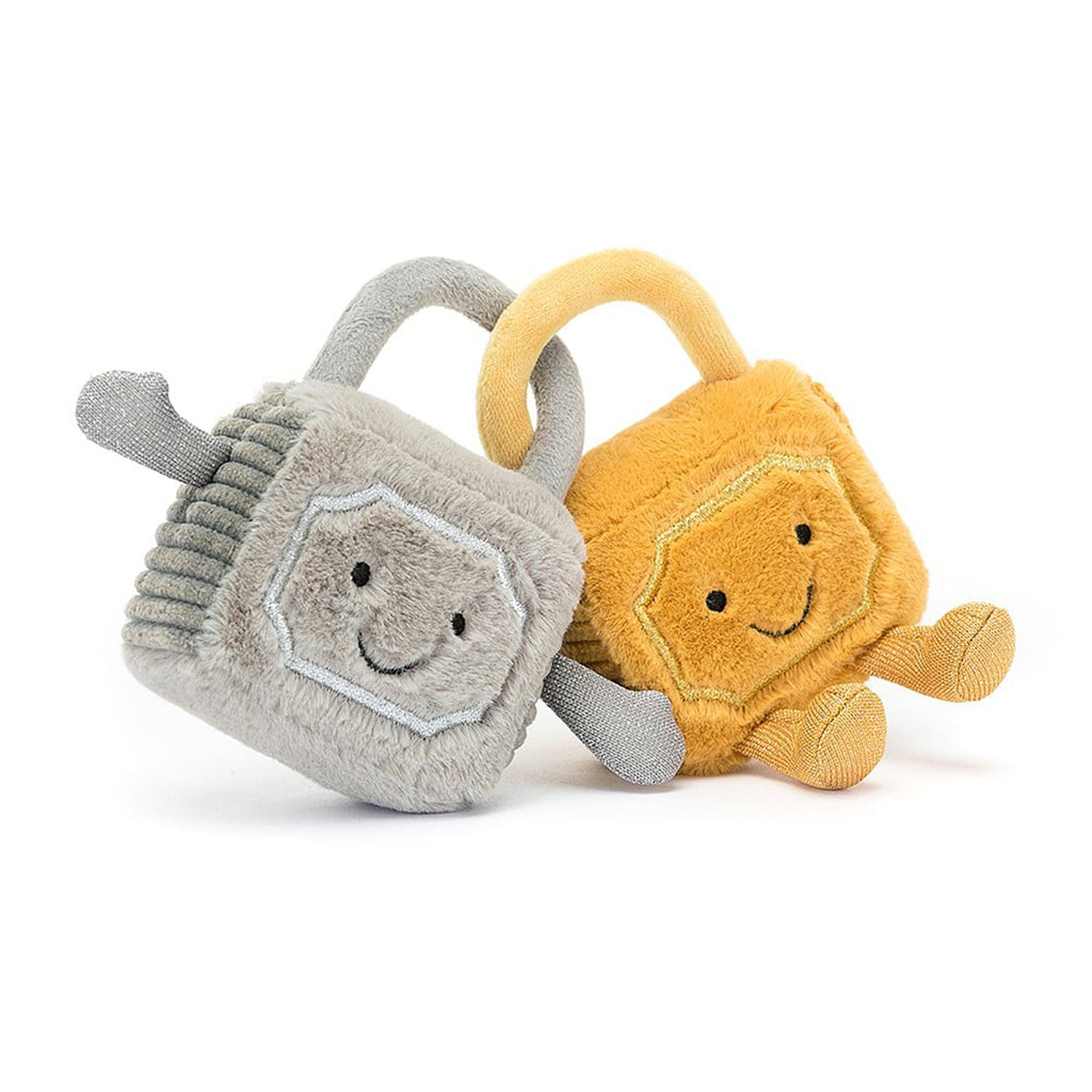 Jellycat Amuseable Love Locks plush toy, silver lock has arms and gold lock has legs, both with black stitched eyes and smile, front view.