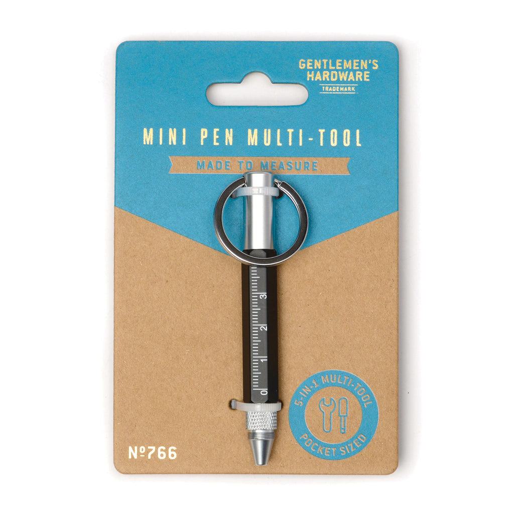 Gentlemen's Hardware Mini Pen Multi-Tool on card packaging, front view.