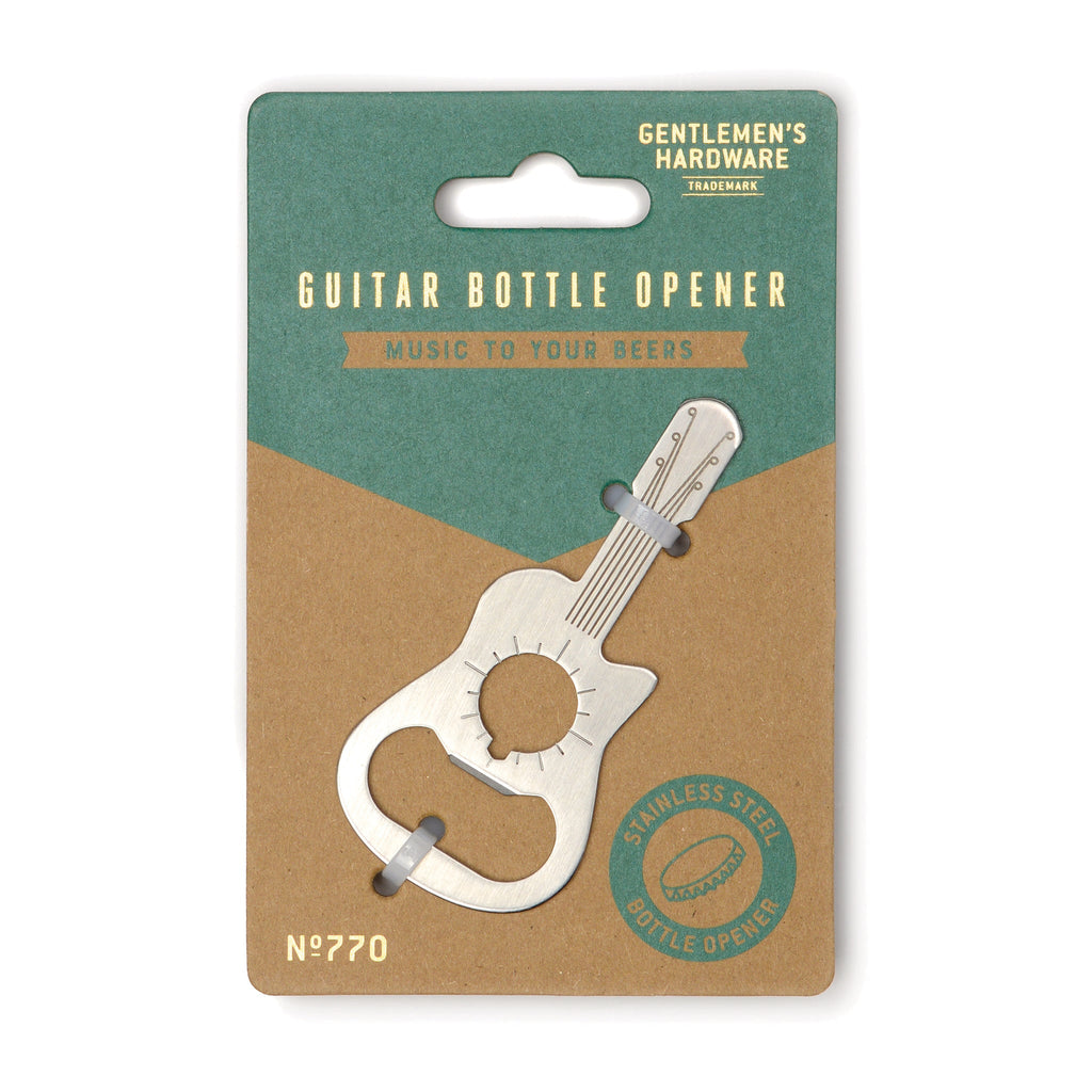 Gentlemen's Hardware Guitar Bottle Opener, metal guitar shaped bottle opener on card packaging, front view.