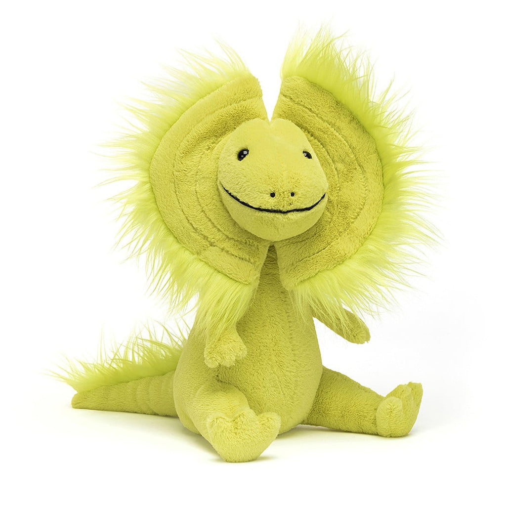 Jellycat Davey Dilophosaurus plush toy with lime green fur, black bead eyes and stitched smile, front view.