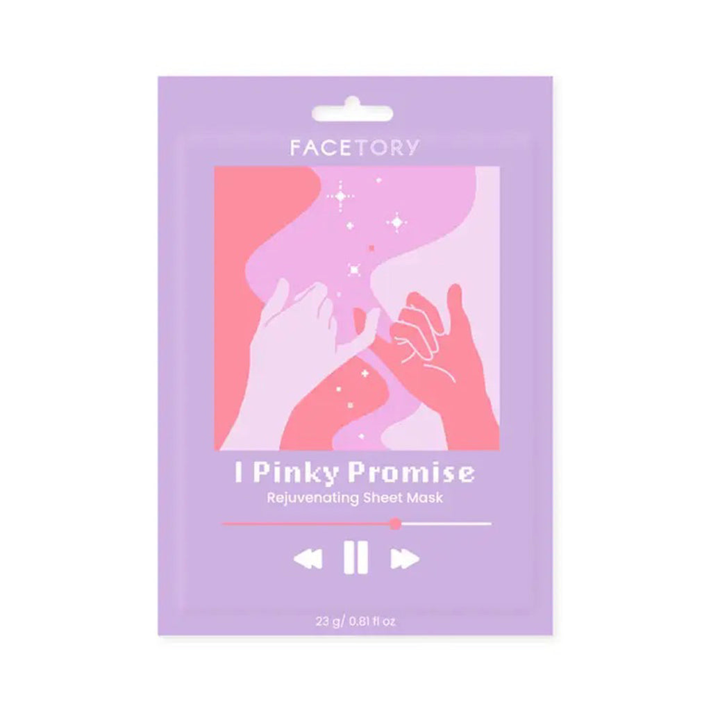 Facetory I Pinky Promise Rejuvenating sheet face mask treatment in purple packaging with an illustration of 2 hands with pinky fingers interlocking.