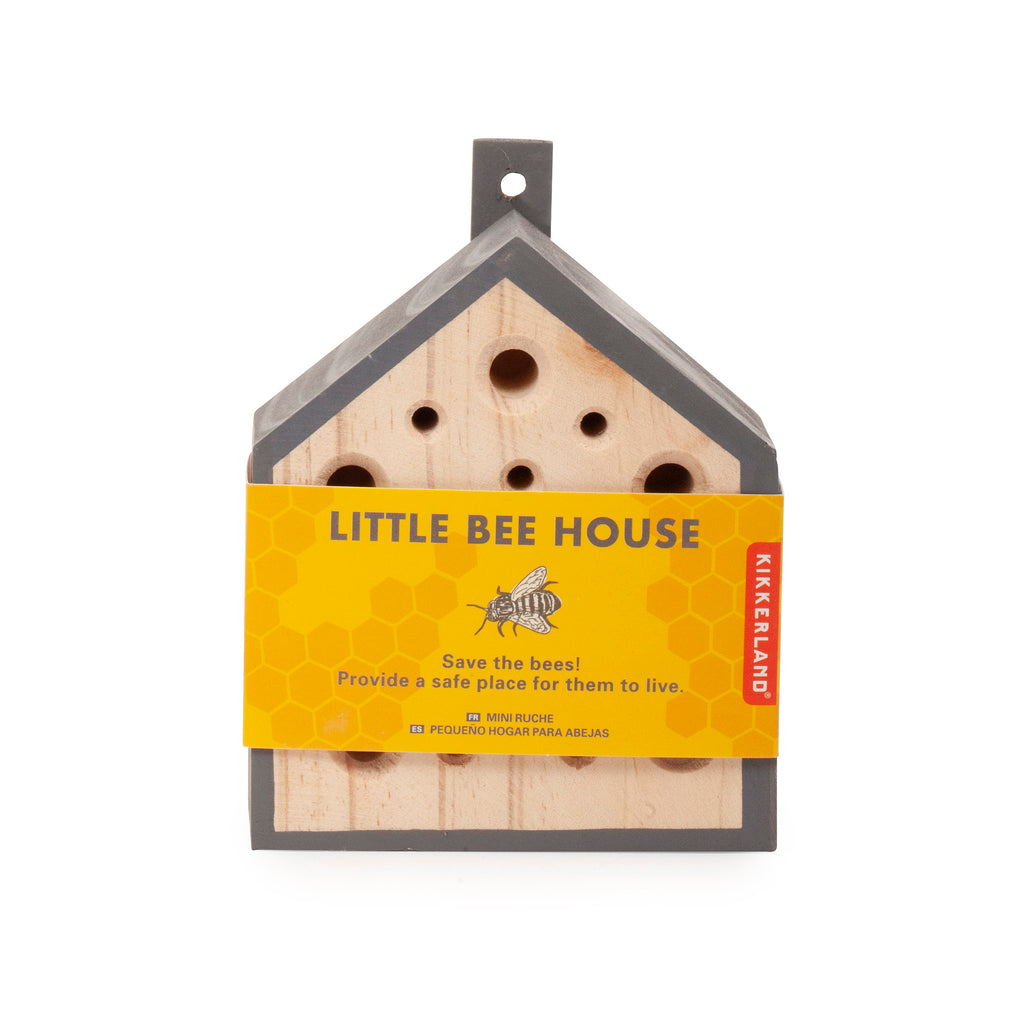 Kikkerland wooden Little Bee House with yellow belly band.