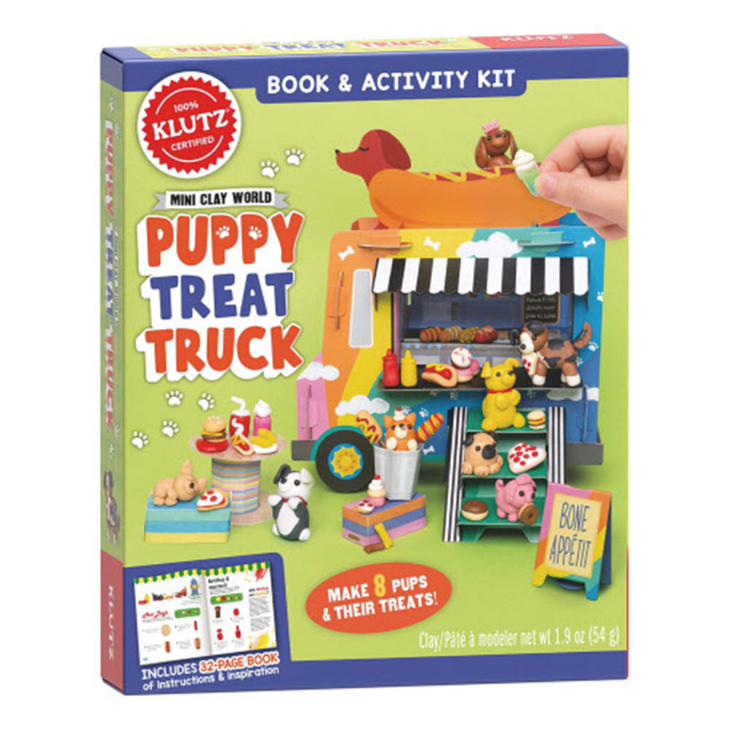 Front of packaging for the Klutz Mini Clay World Puppy Treat Truck Book & Activity Kit with a photo of the finished projects on the front.