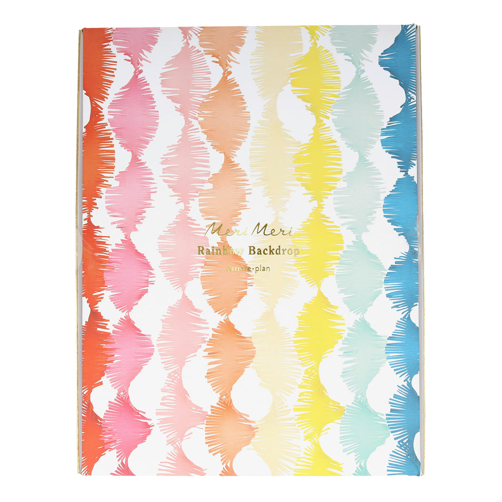 Meri Meri Rainbow Twisty Fringe Backdrop Garland in packaging