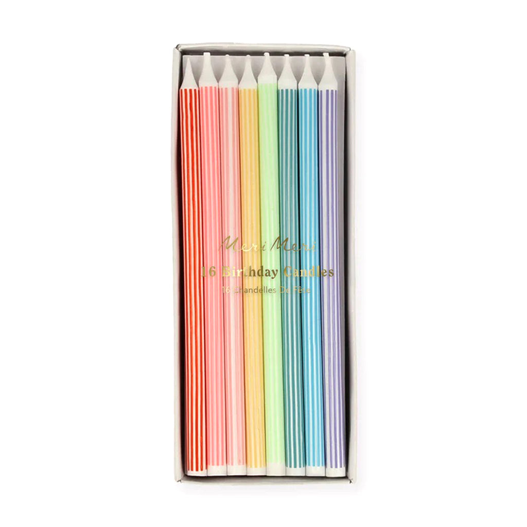Meri Meri Mixed Striped Birthday Cake Candles in 8 rainbow colors in packaging.