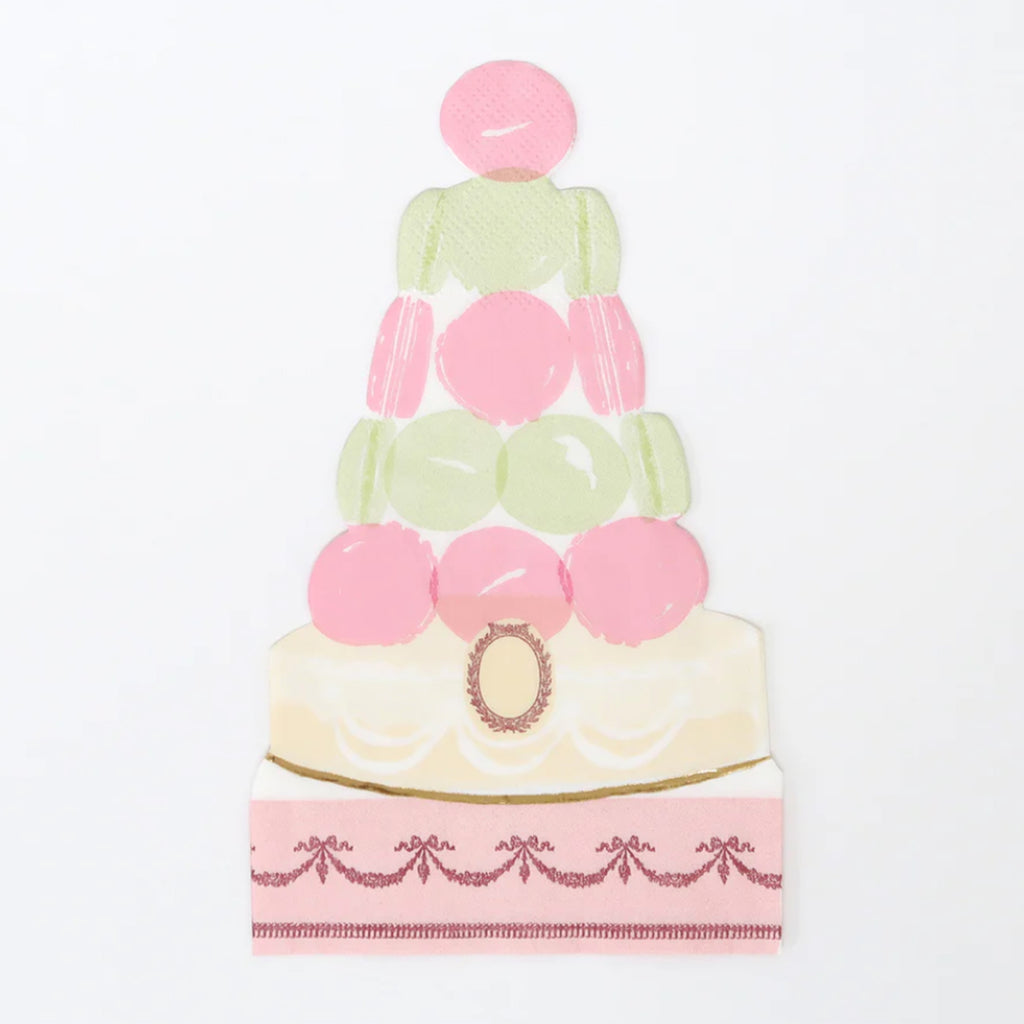    meri meri collaboration with laduree paris paper party napkin featuring a pyramid shaped stack of pale pink and green macarons on a cream and pink base with french filigree detail