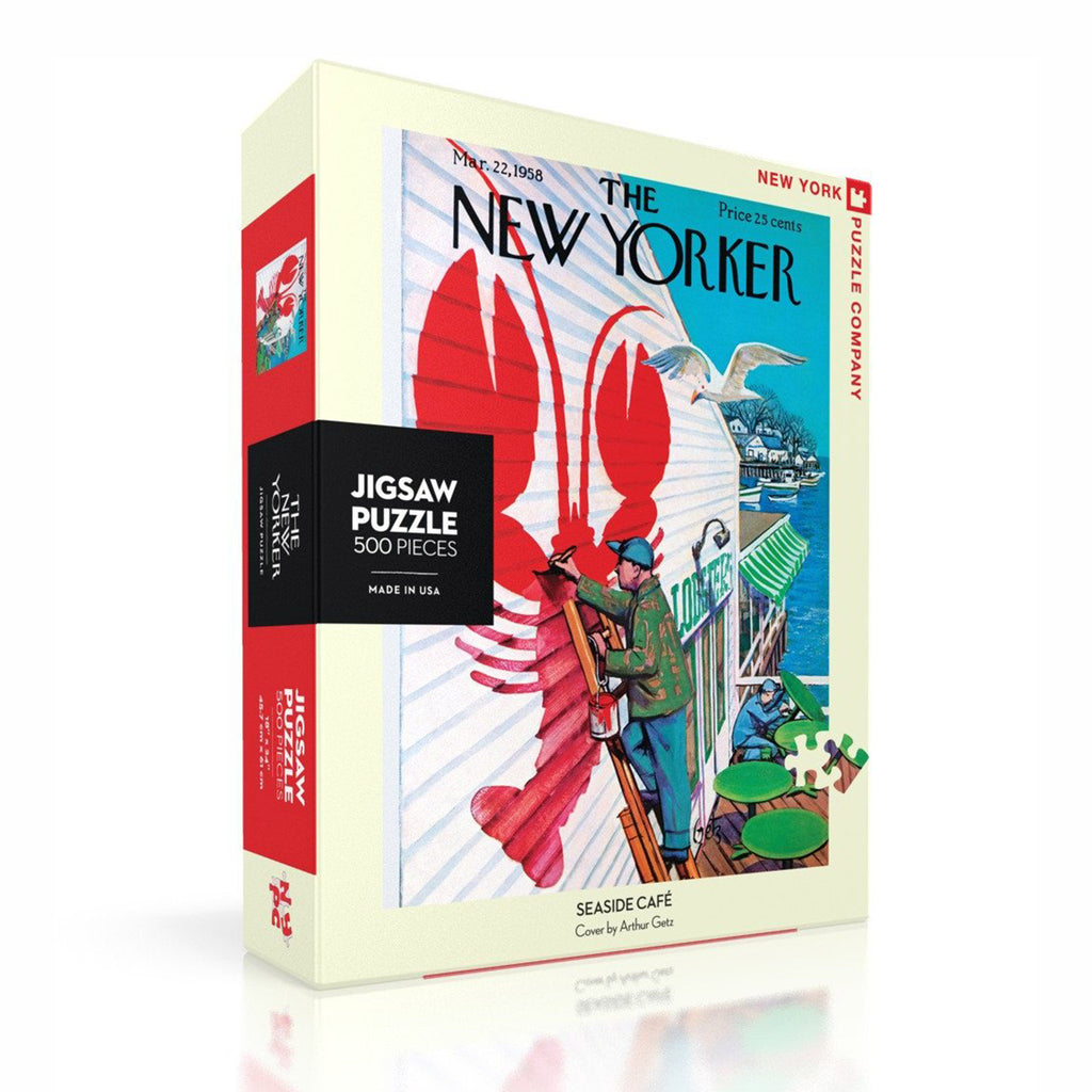 new york puzzle company 500 piece seaside cafe new yorker cover jigsaw puzzle box front angle