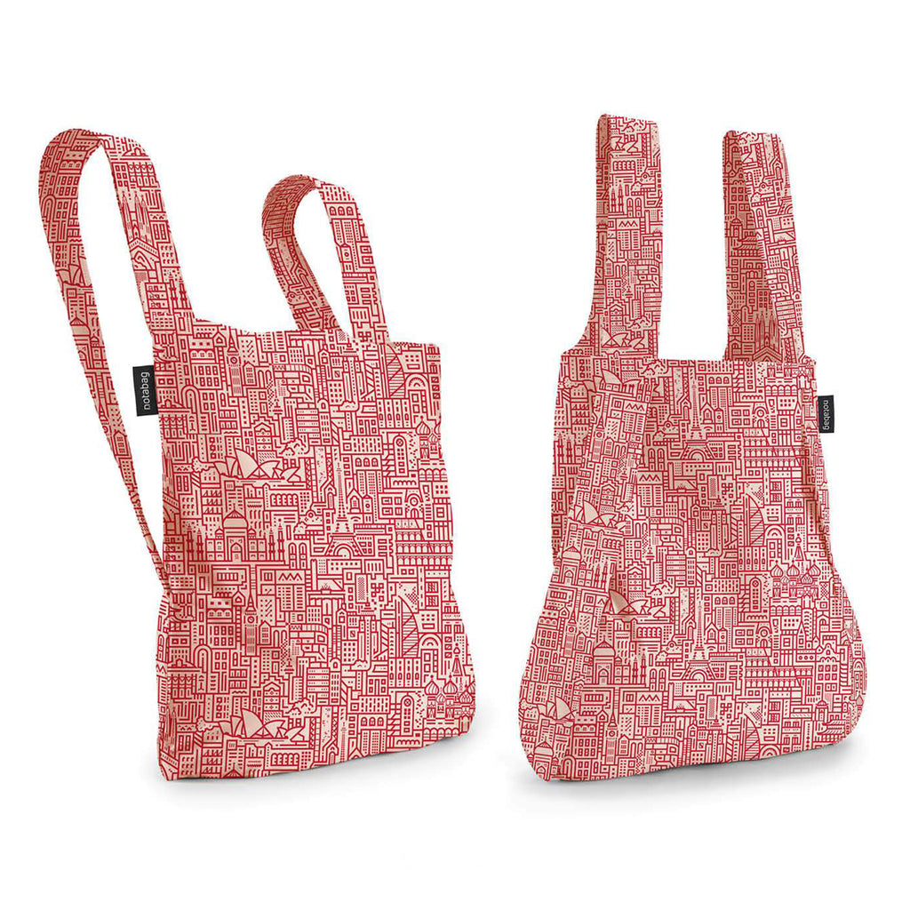 notabag hello world reusable tote bag in rose red as a backpack and a bag