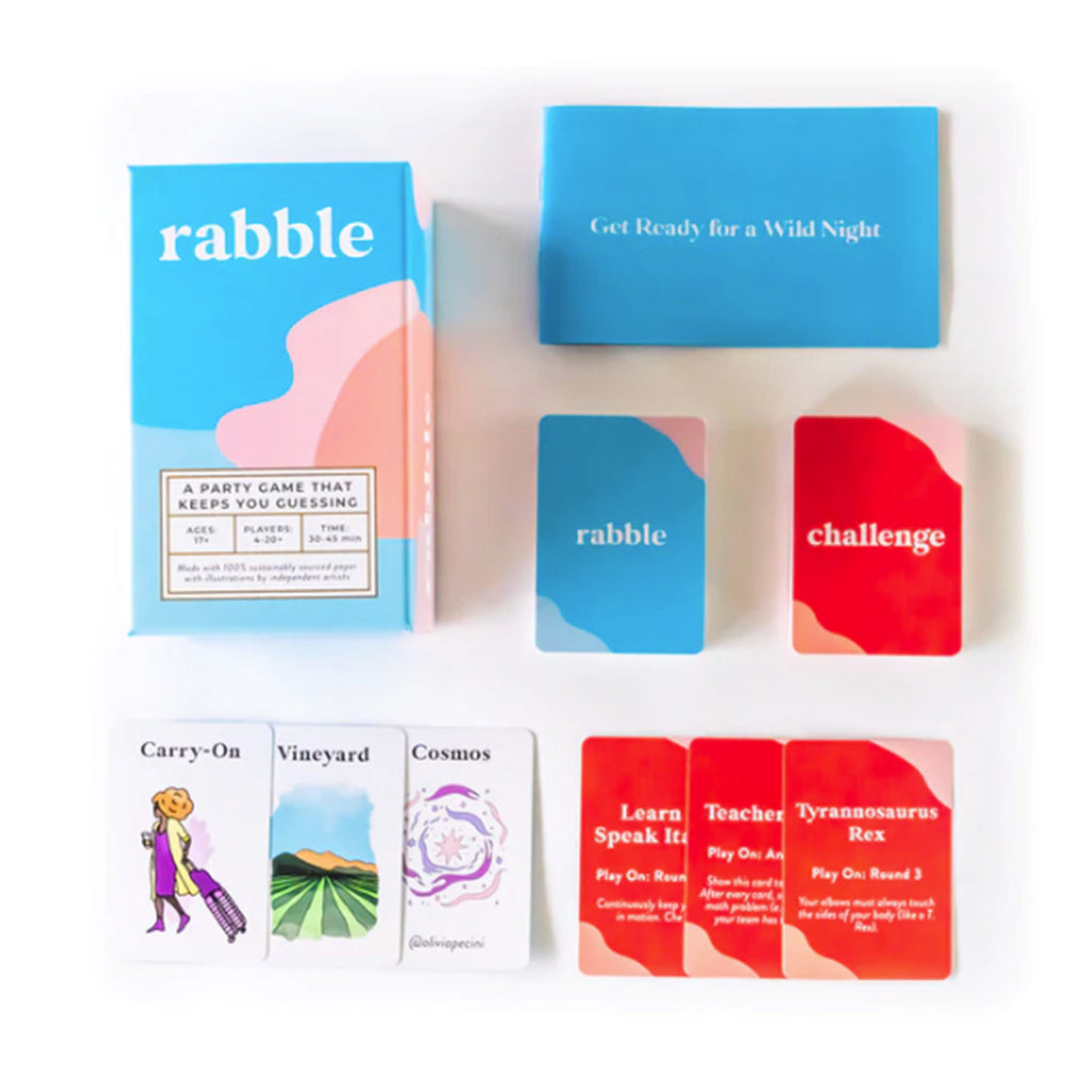 rabble card game in blue and pink box with sample cards and instructions