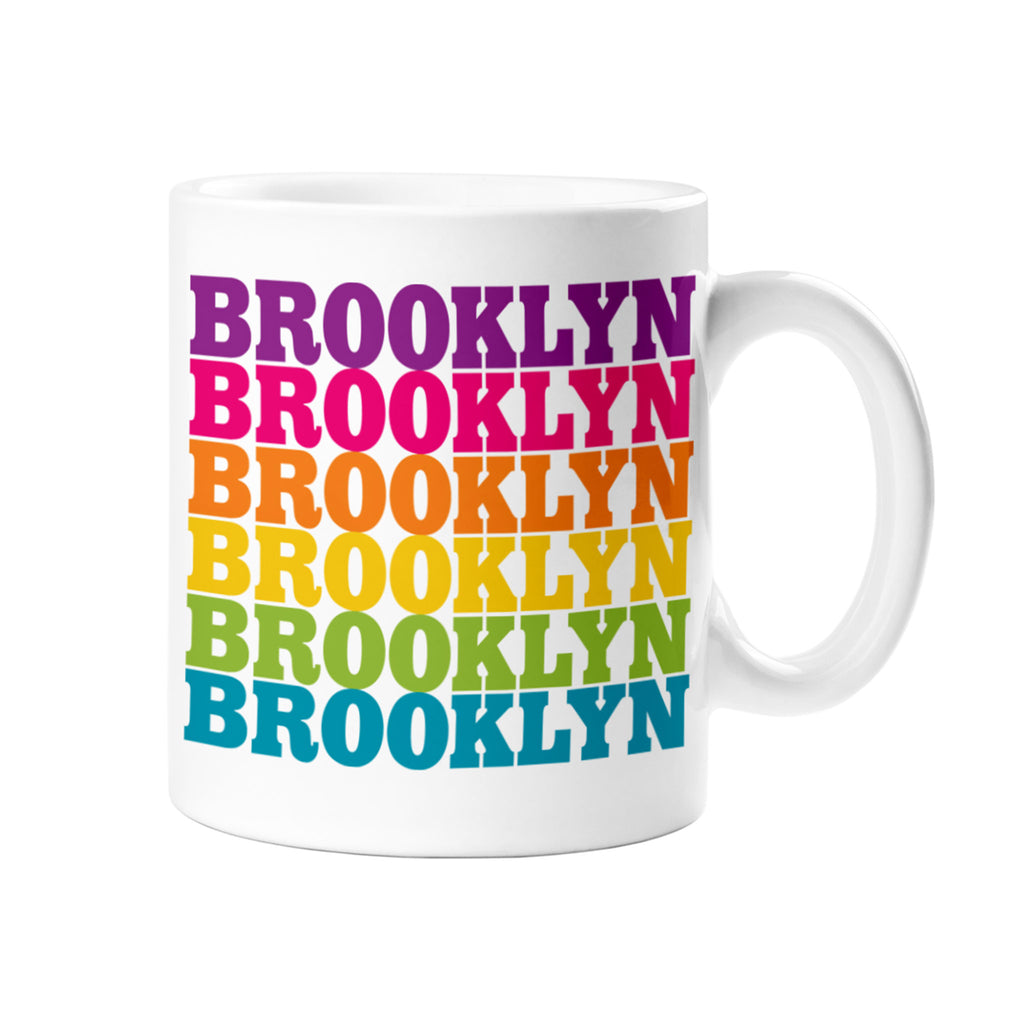 rock scissor paper brooklyn rainbow drop ceramic coffee mug on white background
