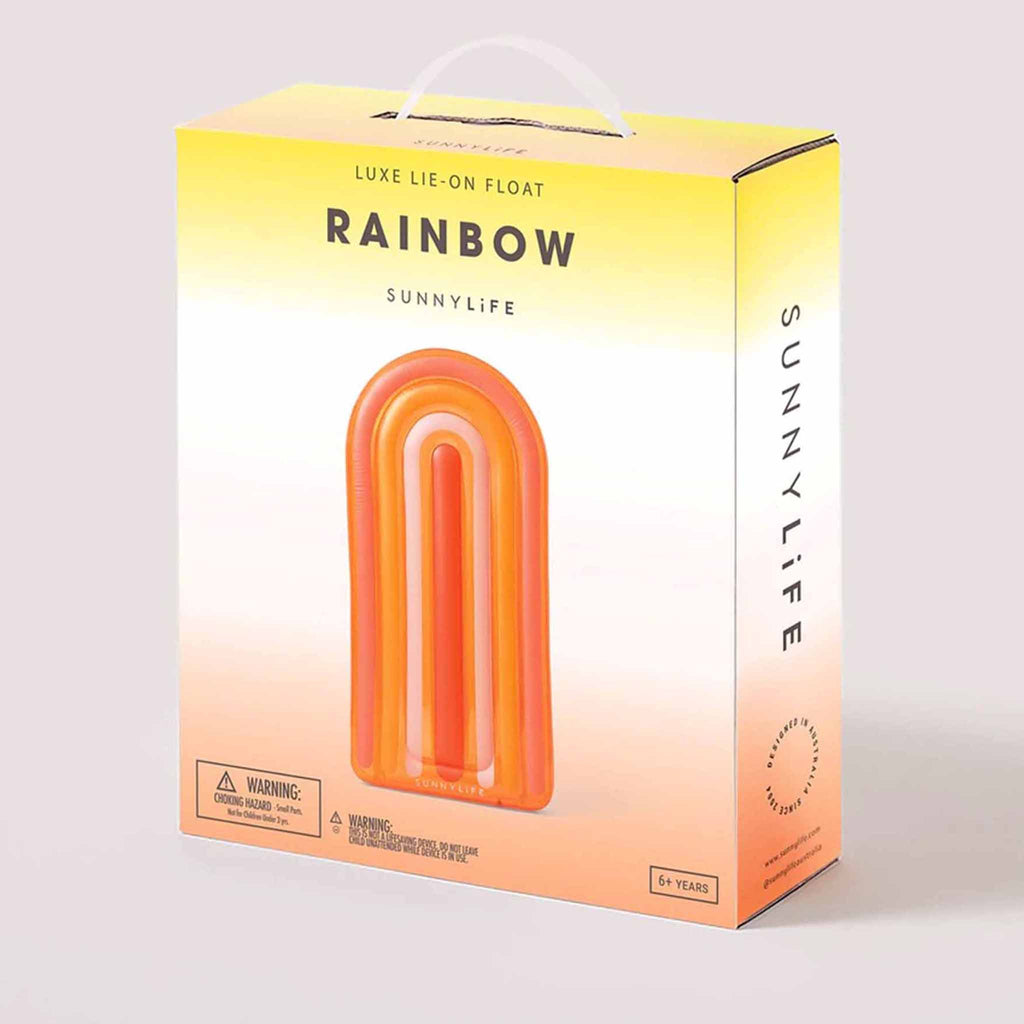 sunnylife luxe lie-on float rainbow in orange and yellow ombre box with product photo on front