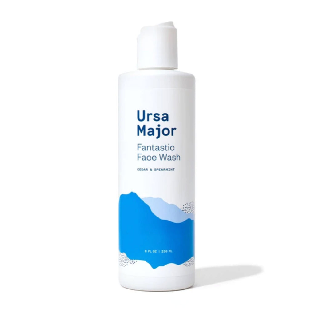 ursa major fantastic face wash in white bottle with pop up spout and graphics in shades of blue