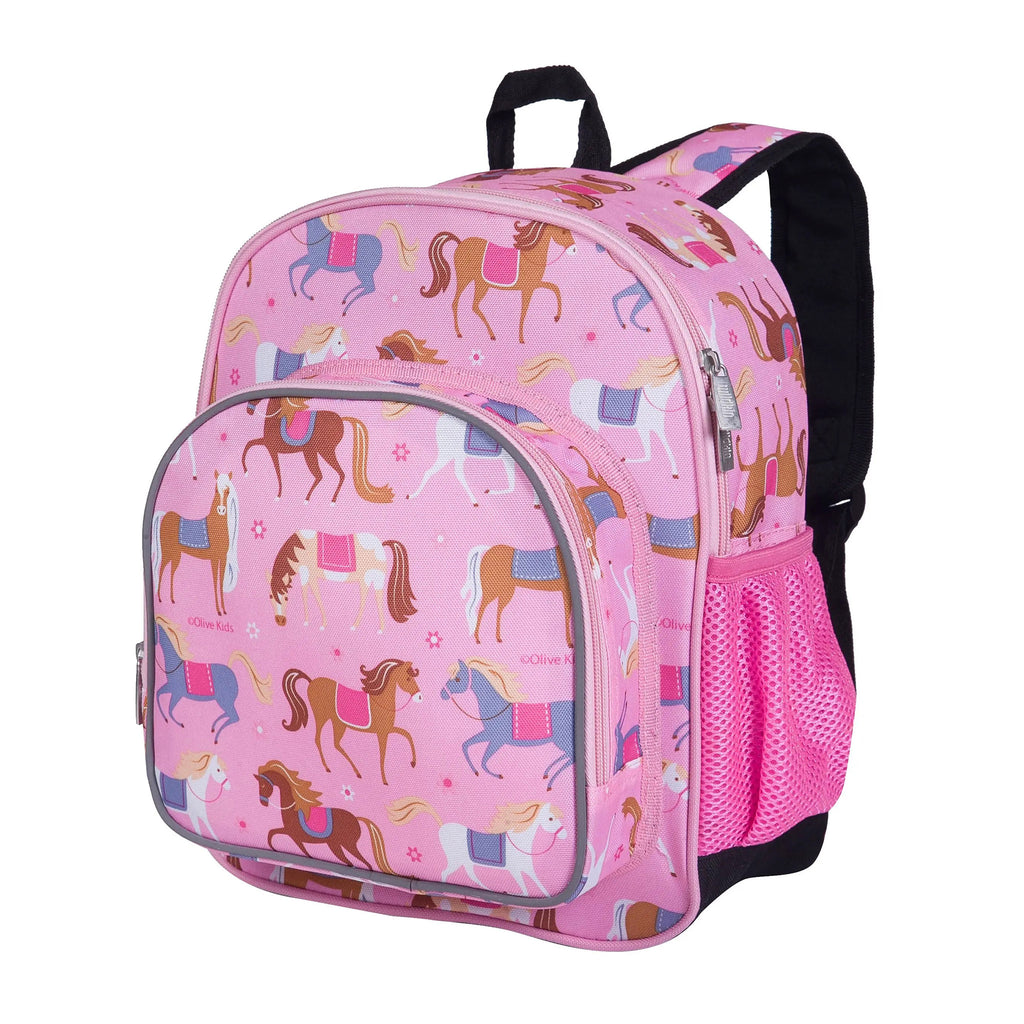 Pink backpack with horses in various shades of brown and white with reins and saddle blankets in pink and purple. Silver zipper pulls with pink zippers, black hanging loop and black padded, adjustable shoulder straps with horses fabric on the outside. This view shows front and right side. The right side has a bright pink mesh pocket to hold a water bottle.